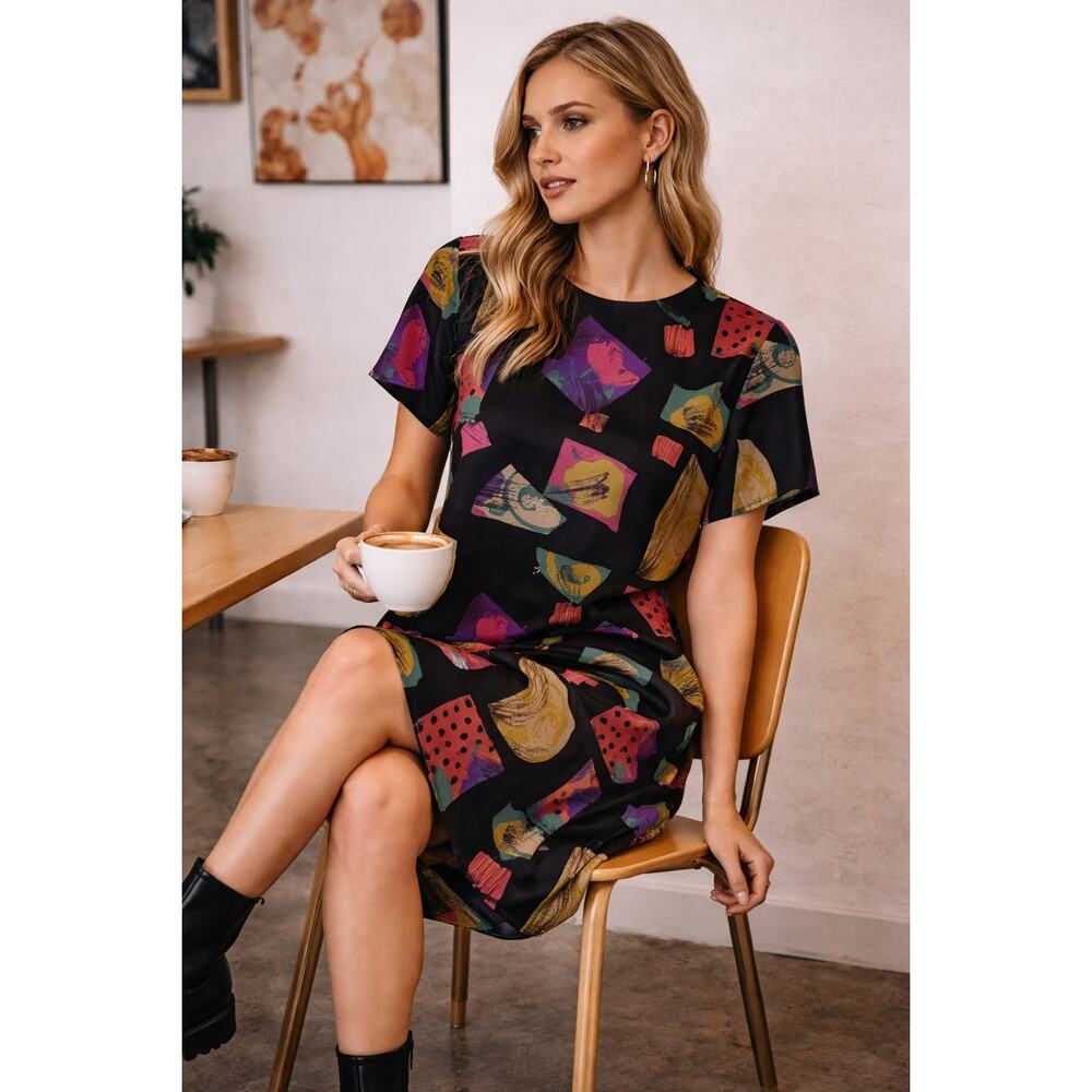 Georgiou Vintage Silk Dress Abstract Print Short Sleeve Midi 90s Artsy S